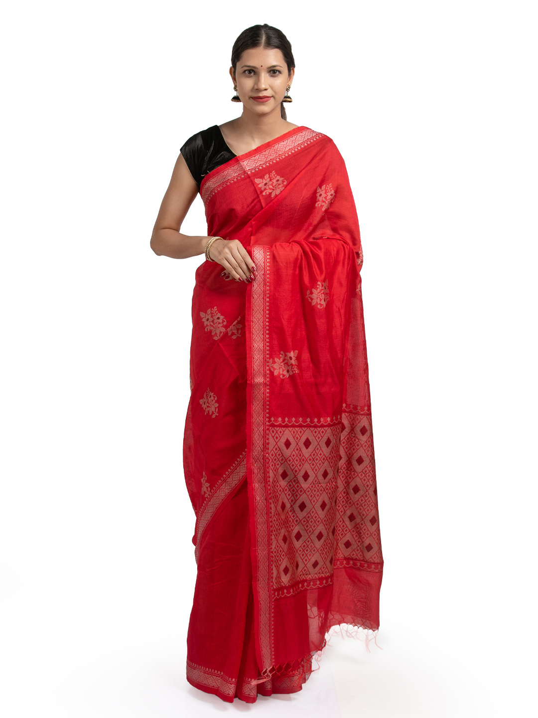 RADHA LAKSHMI Women's Banarasi linen cotton Silk White Red Colour Saree  With Blouse piece(AG White red plain linen SQURE) : Amazon.in: Fashion