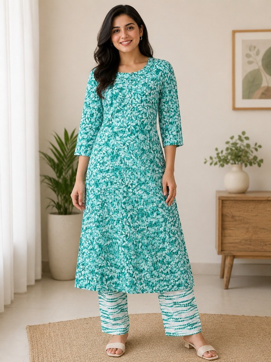 Khadi Cotton Women Printed Kurta with Pants Set - Green