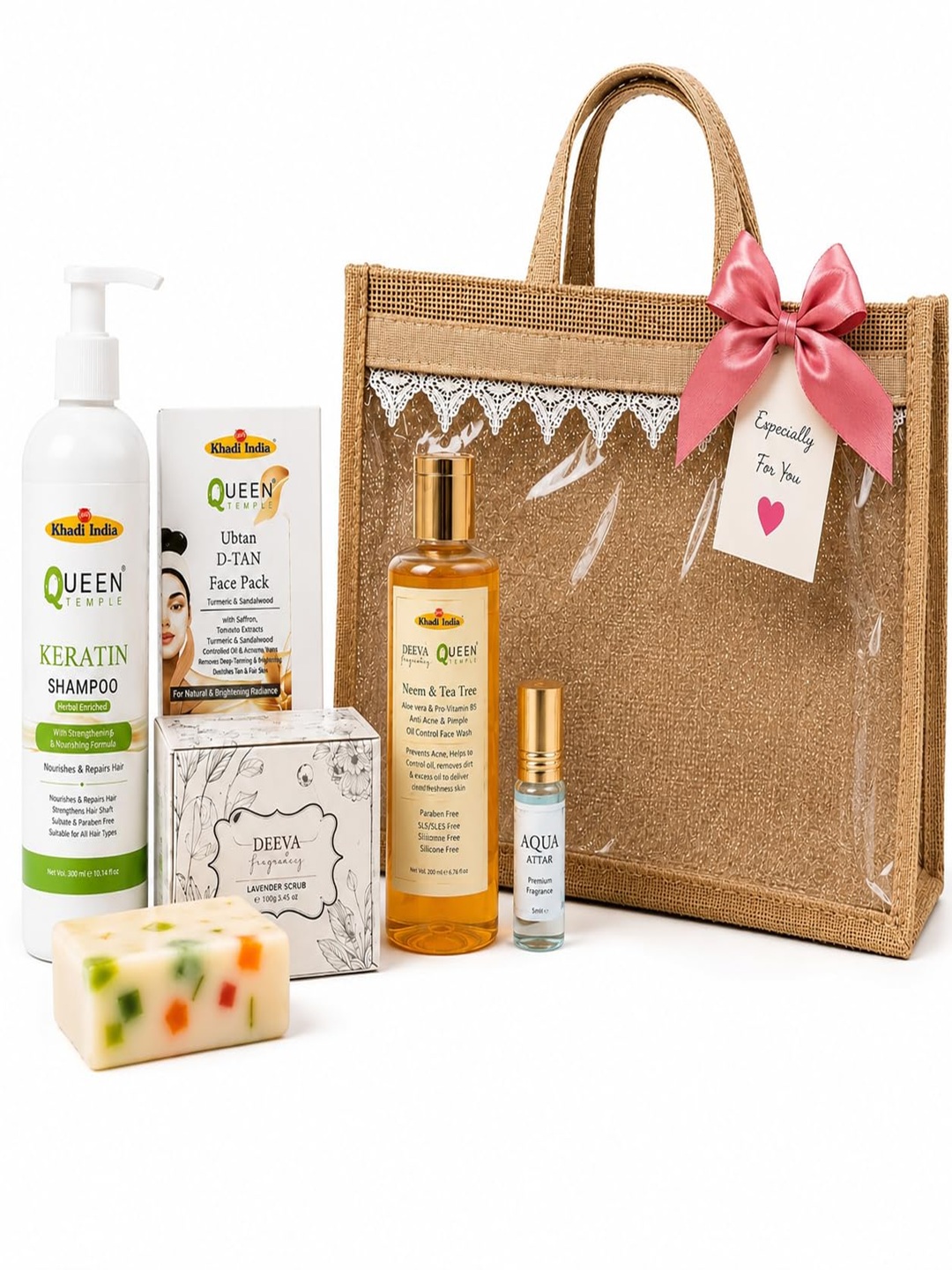Khadi India 6 in 1 Complete Organic Skin Care Hamper with Face Wash, Sunscreen, Aloe Vera Gel, Ubtan Face Pack, Ubtun Goat Milk Soap, Car Perfume