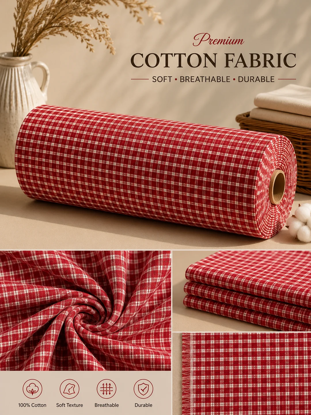 Khadi Cotton Crimson Red Checks Fabric – 44 Inch Width Handloom Fabric