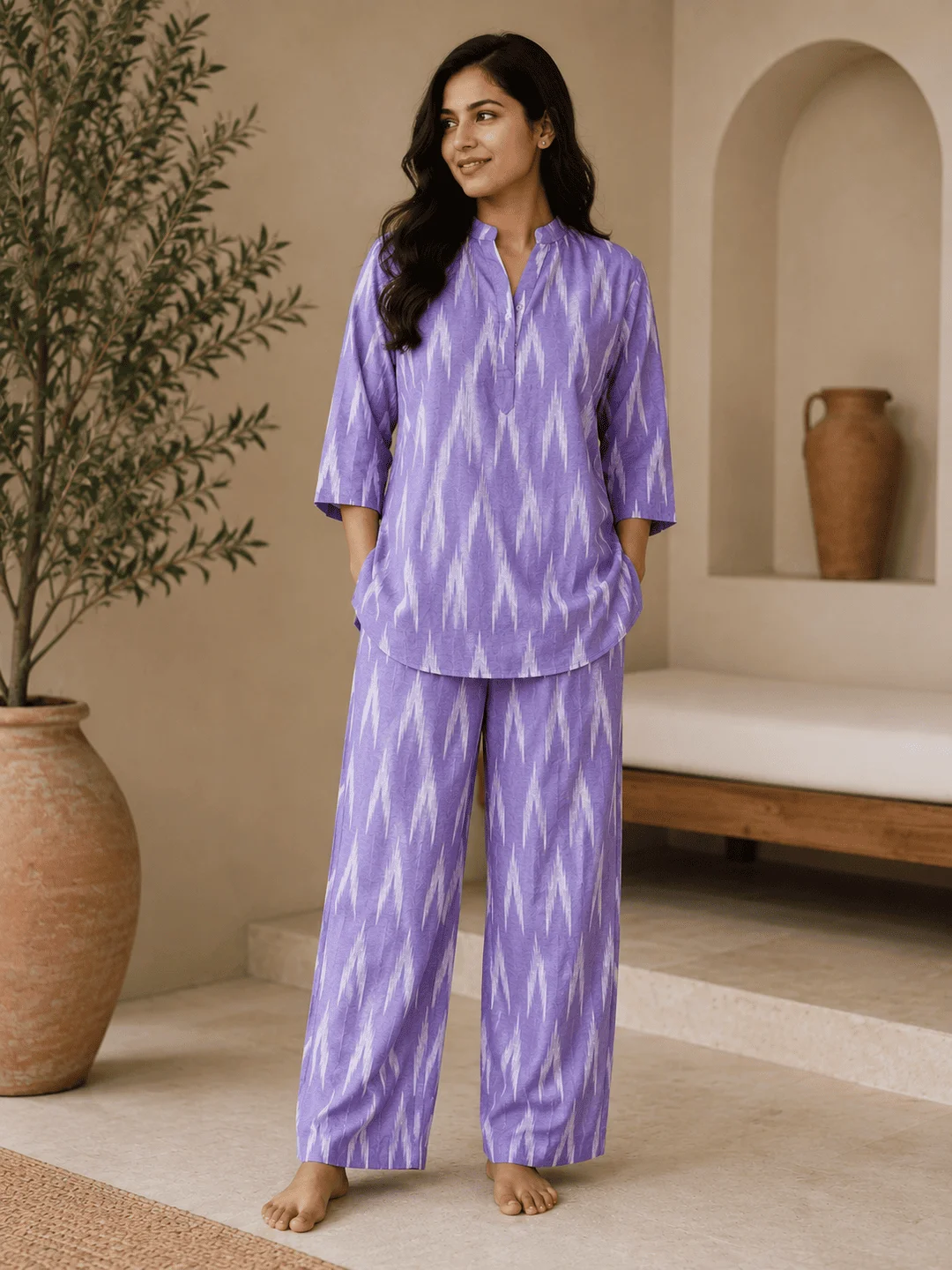 Women’s Lavender Ikat Print Cotton Co-Ord Set Online Premium Kurta and Pants Set