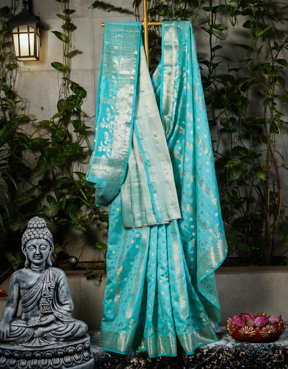 Blue Aqua Pure Chiniya Banarasi Silk Saree