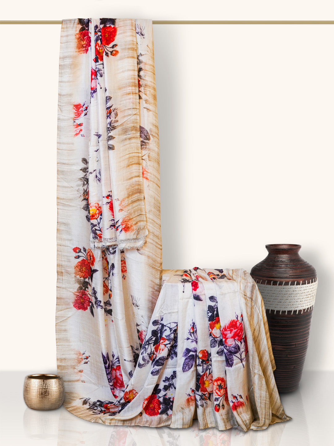 The Gold Weave Digital Floral Silk Saree Cream Colour