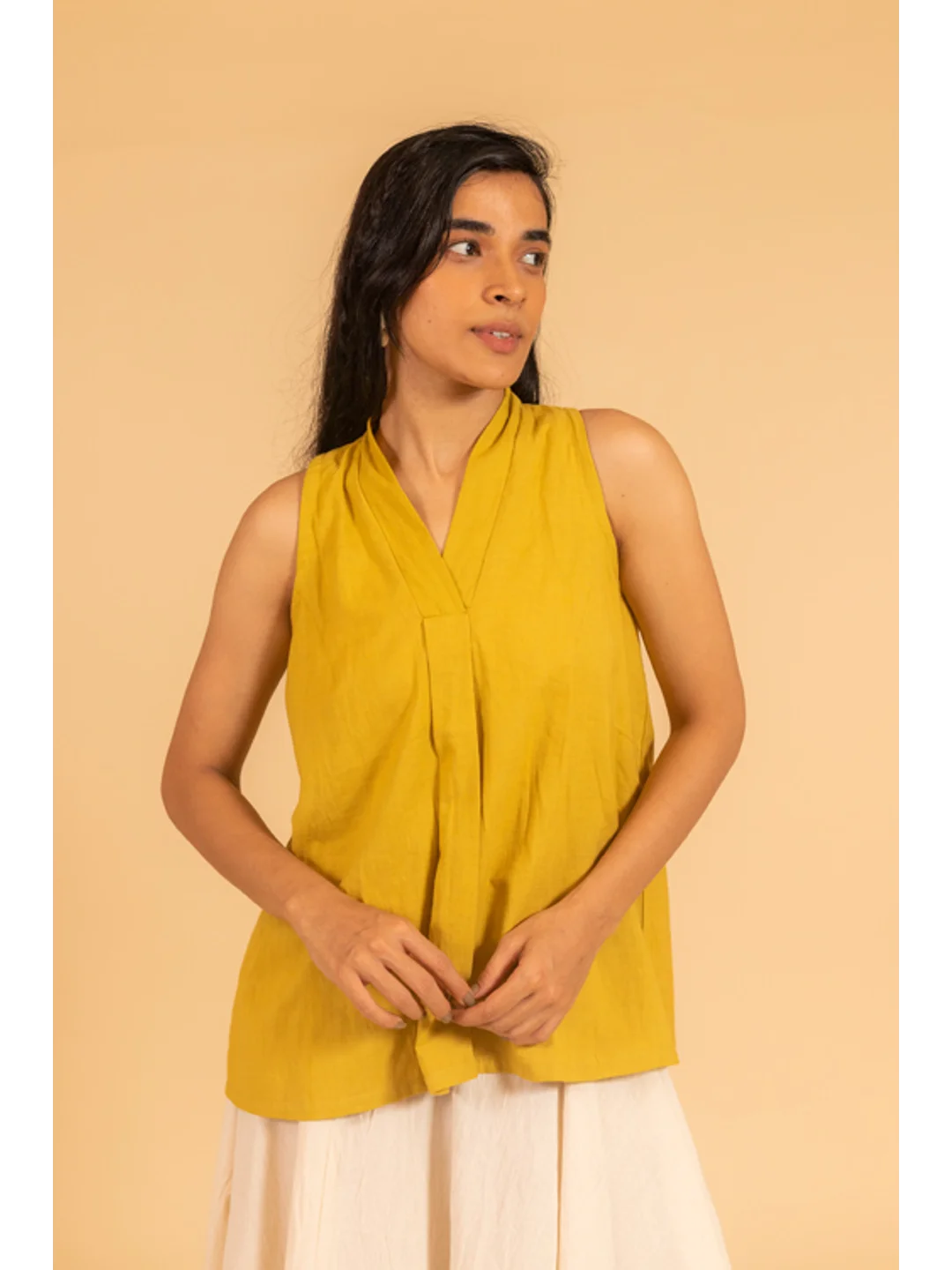 MUSTARD OVER LAPPING V NECK INCUT SLEEVE TOP