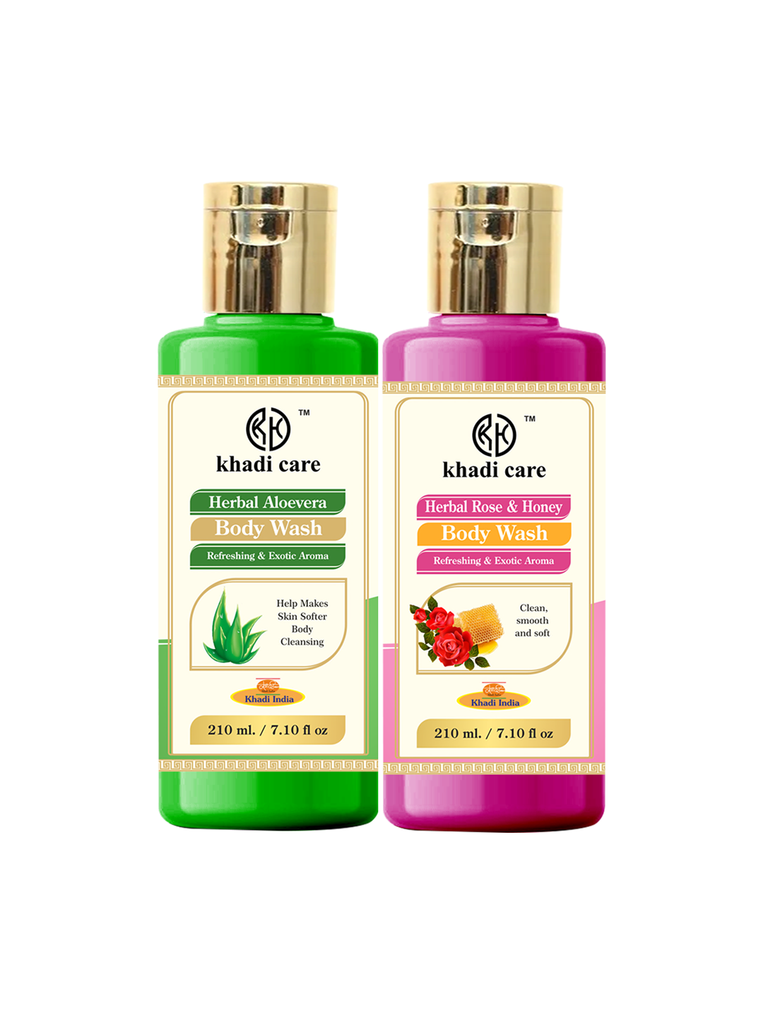 Khadi Care Herbal Combo Pack of Aloevera & Rose Honey Bodywash (210ml Each) Pack of 2