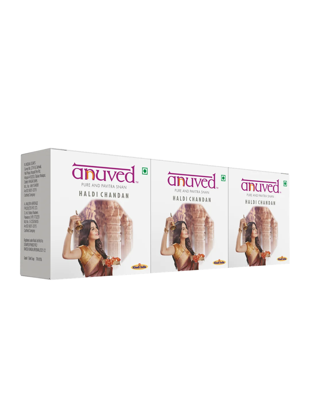 Anuved Herbal Haldi Chandan Authentic Bathing Soap | Pack of 3 | 125 Grams Each | Contains Turmeric & sandalwood Oil enriched with Rishikesh Gangajal For skin brightening, natural moisturizer & anti o