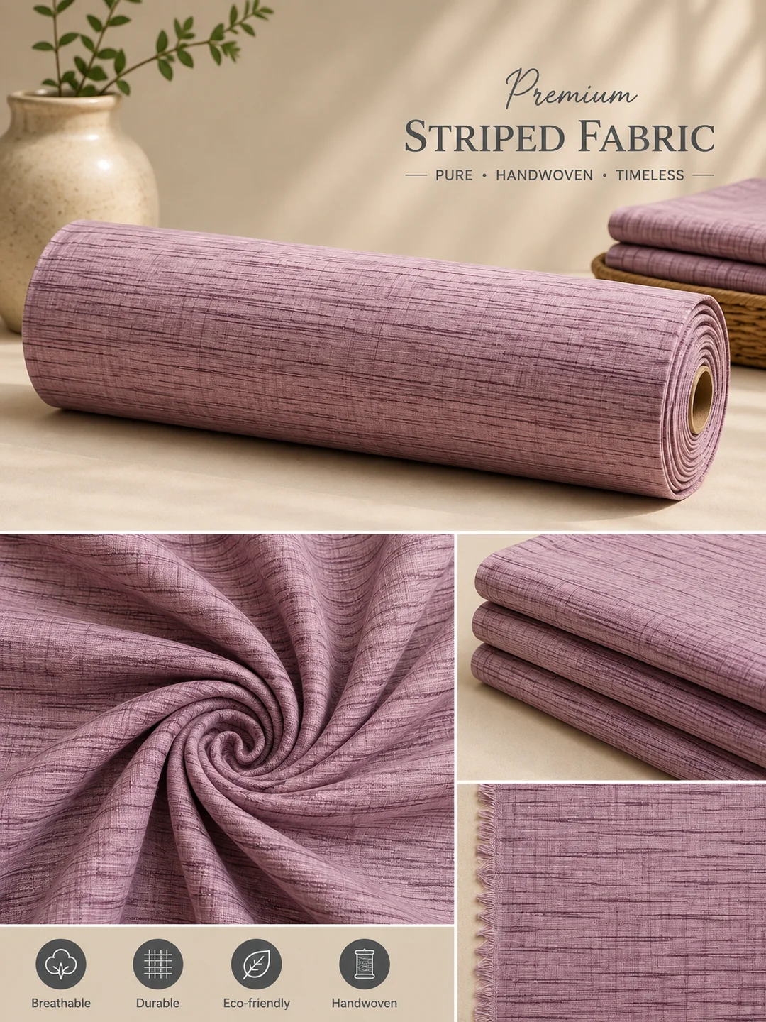 Khadi Cotton Lavender Mauve Textured Striped Fabric – 44 Inch Width Handloom Fabric