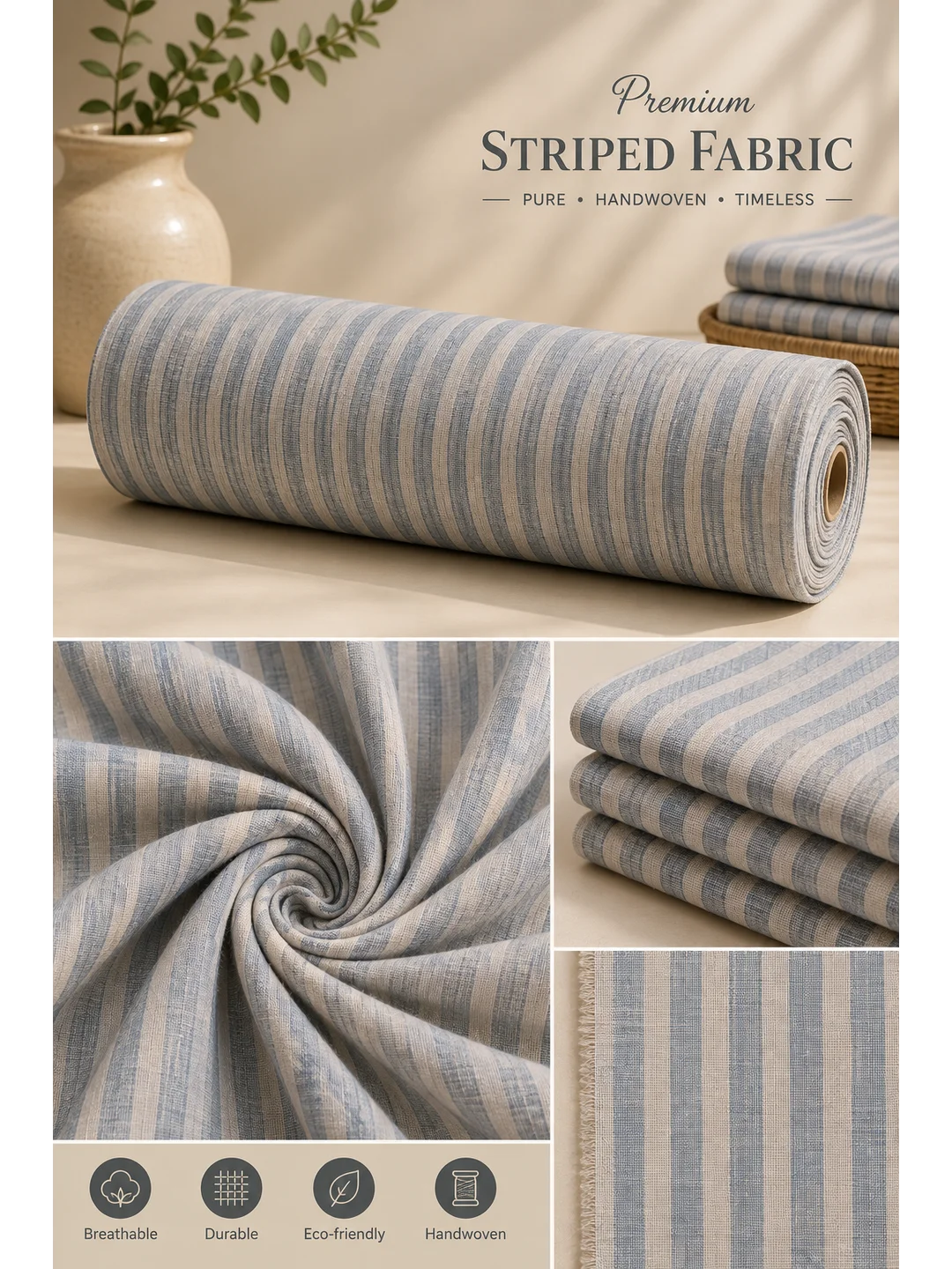 Khadi Cotton Blue & Beige Fabric – 44 Inch Width Handloom Fabric