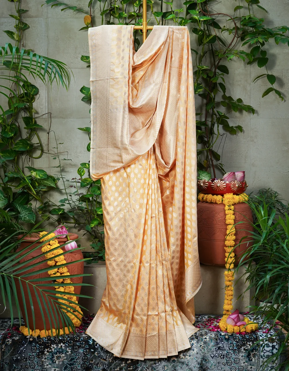 Orange Golden Pure Katan Silk Banarasi Saree
