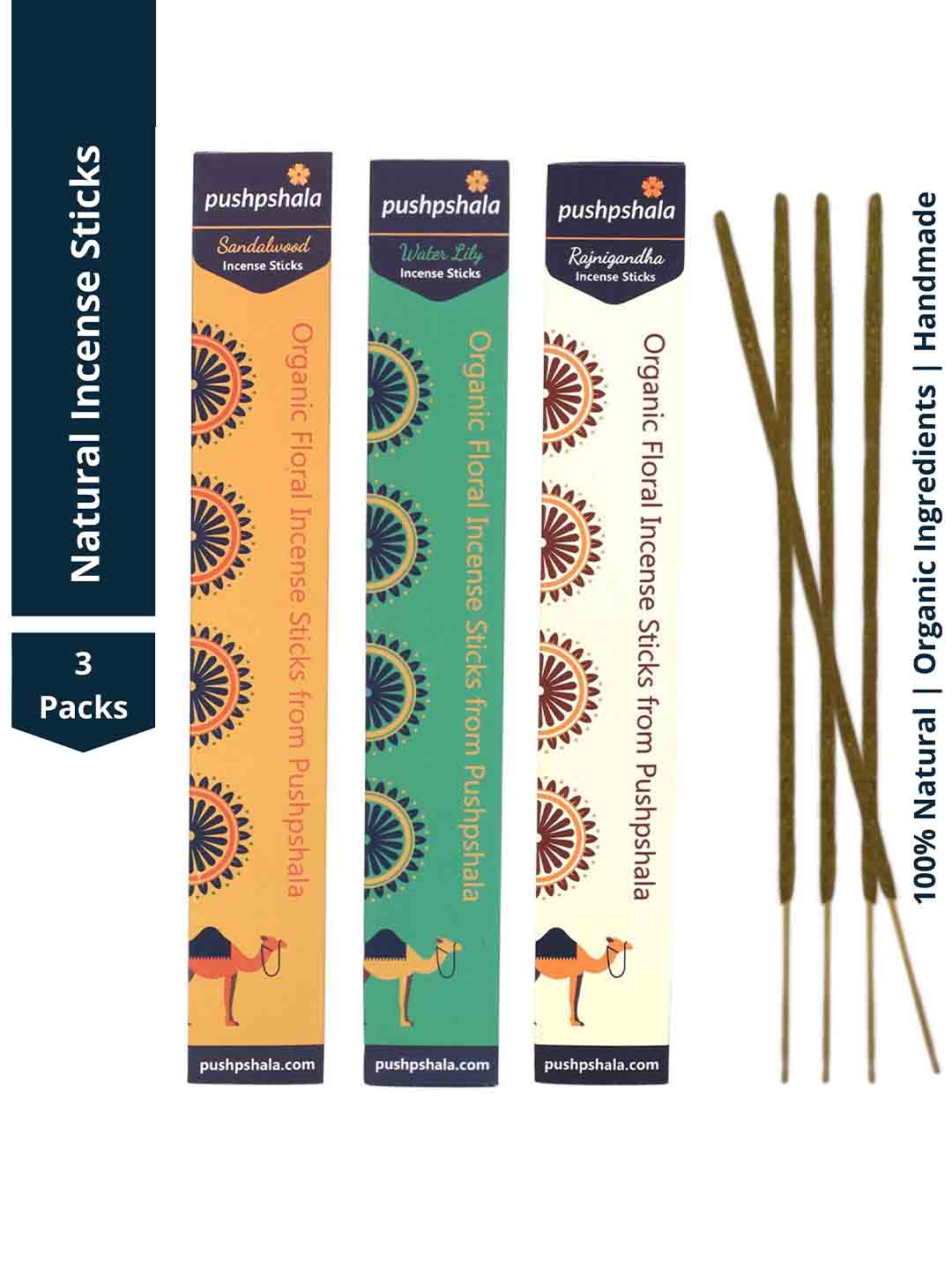 Pushpshala Natural Organic Incense Sticks Sandalwood, Water Lily and Rajnigandha Pack of 3