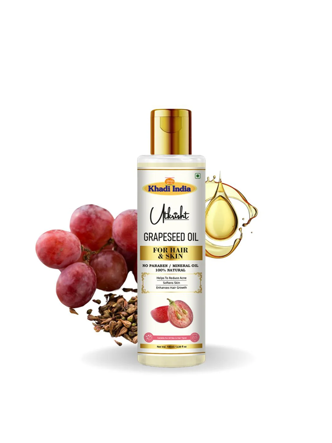 Utkrisht Khadi Grapeseed Oil - 100% Pure Natural Oil for Skin & Hair Care | Rich in Vitamin E & Antioxidants-100ML