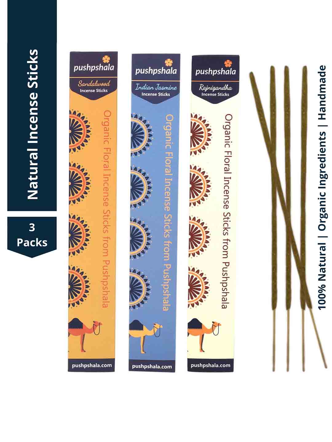 Pushpshala Natural Organic Incense Sticks Sandalwood, Jasmine and Rajnigandha Pack of 3