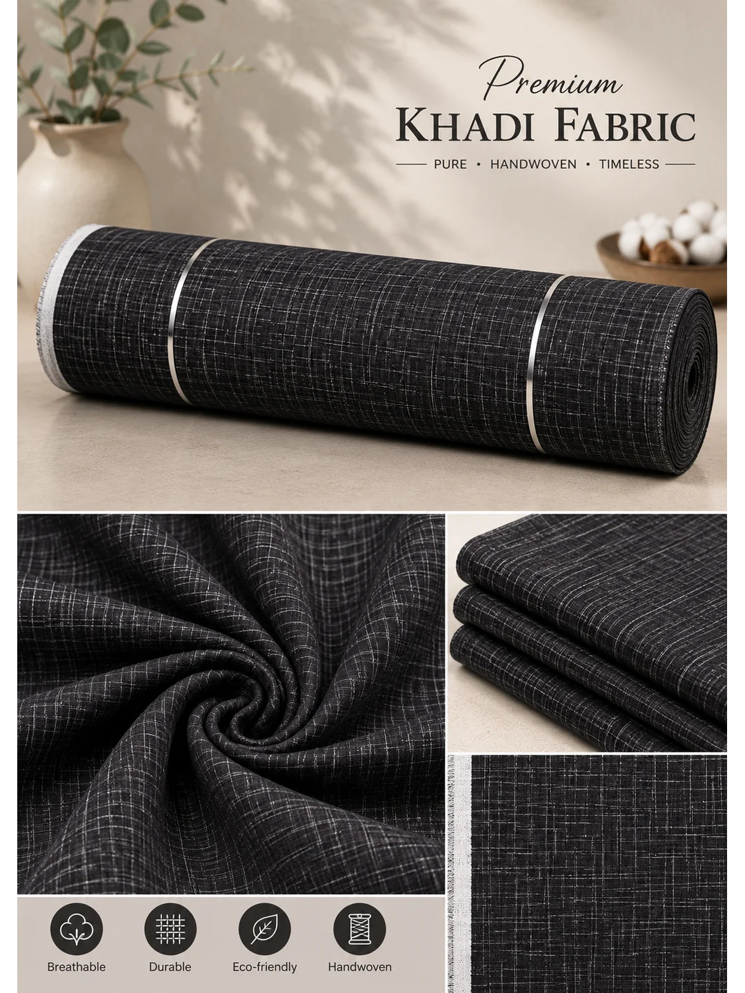 Khadi Cotton Black Fabric – 44 Inch Width Handloom Fabric