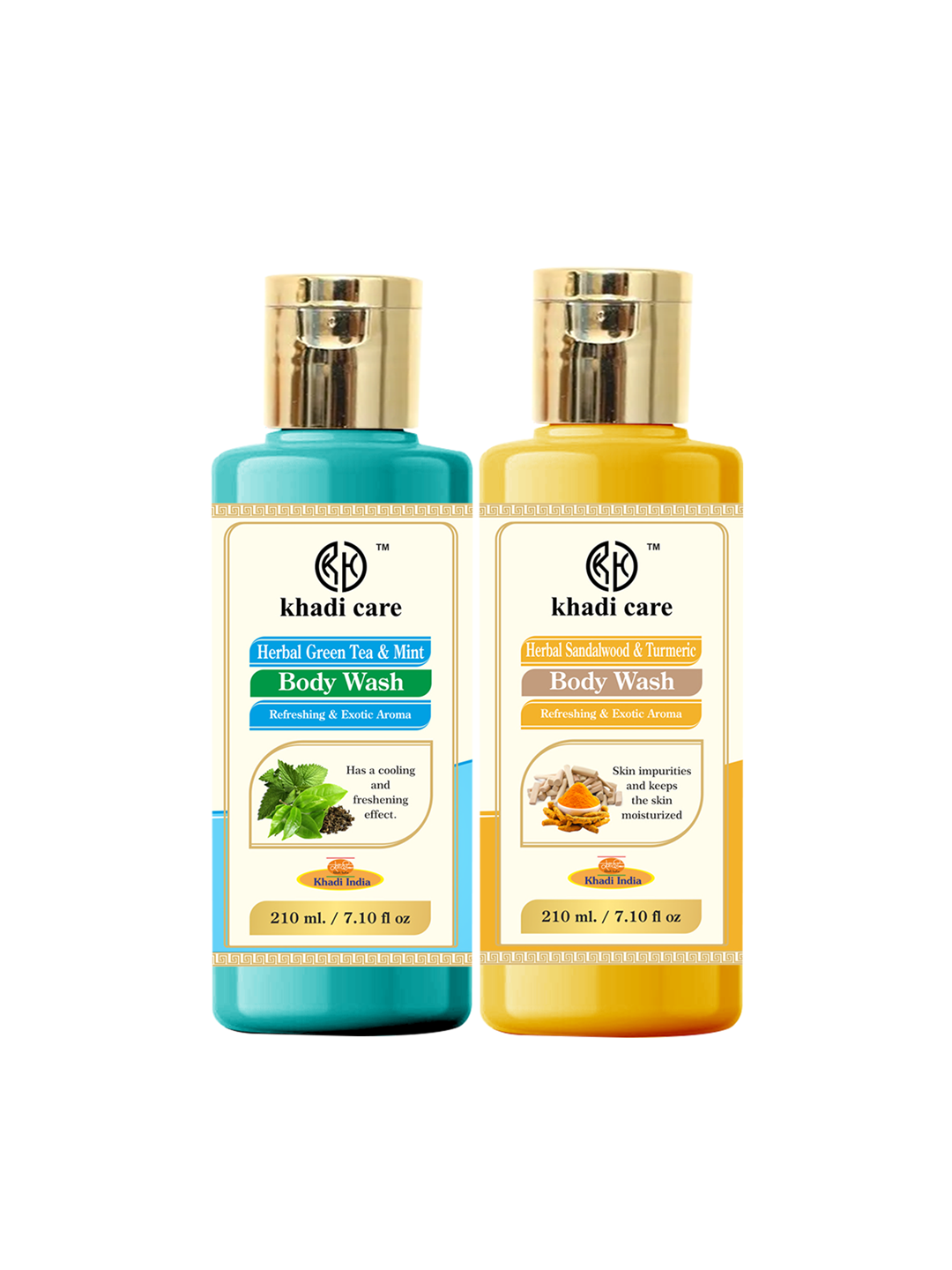 Khadi Care Herbal Combo Pack of Green Tea & Sandalwood Turmeric Bodywash (210ml Each) Pack of 2