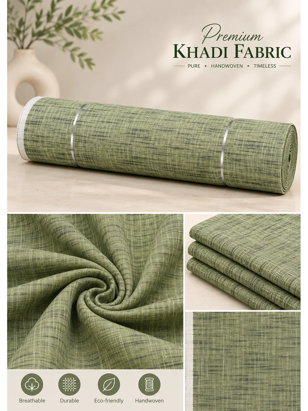 Khadi Cotton Green Fabric – 44 Inch Width Handloom Fabric