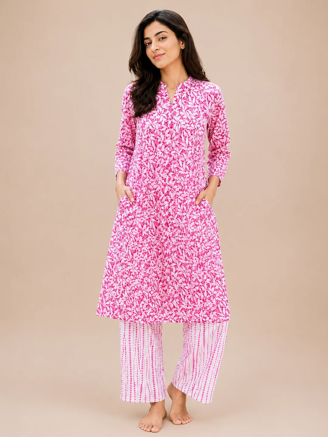 Khadi Cotton Women Printed Kurta with Pants Set - Pink