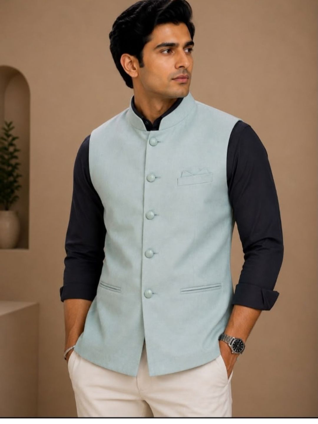 Men’s Cotton Nehru Jacket Light Mint Green