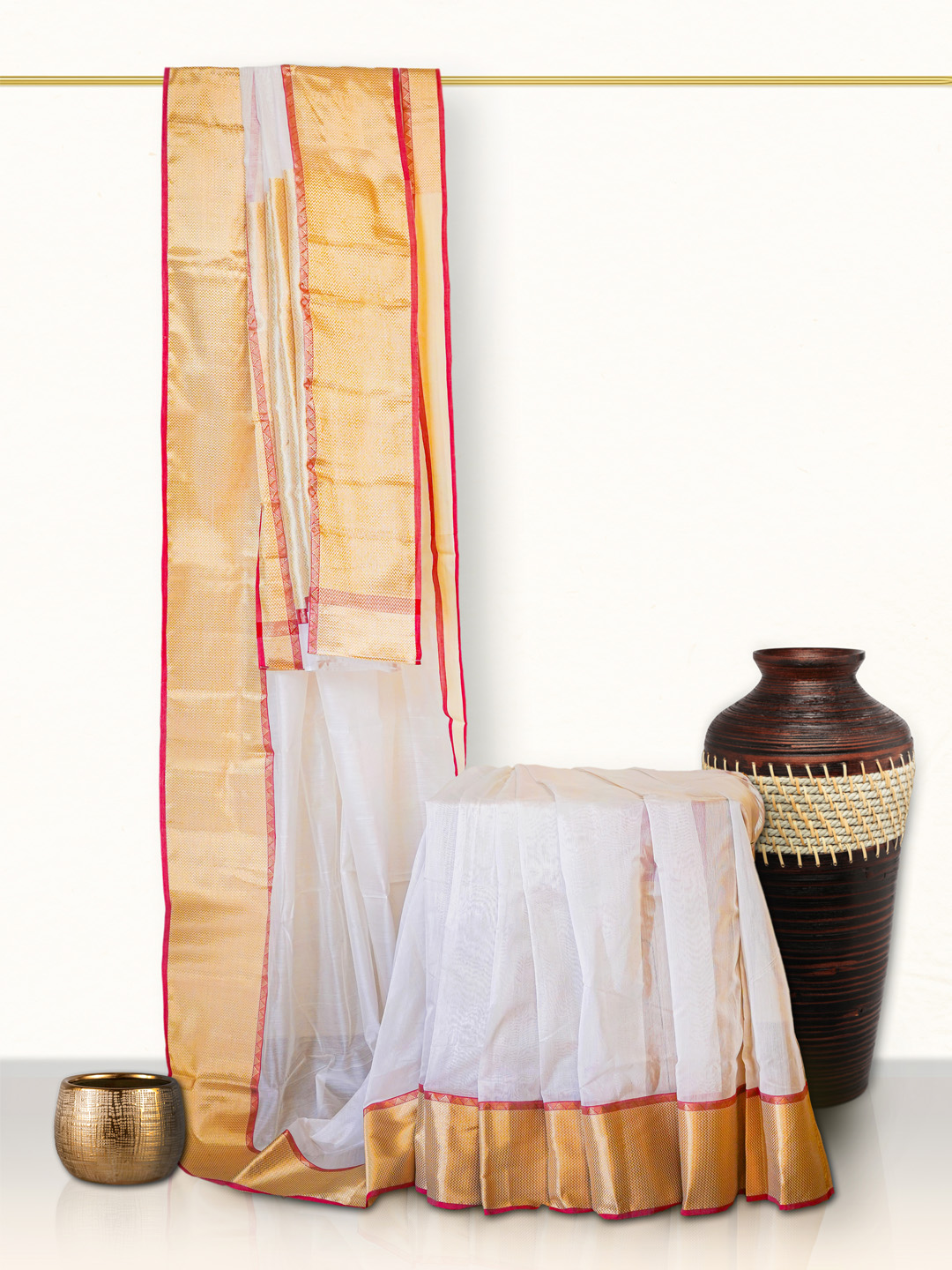 The Gold Weave Chanderi Silk Sarees - Beige and White Colour with Golden Borders