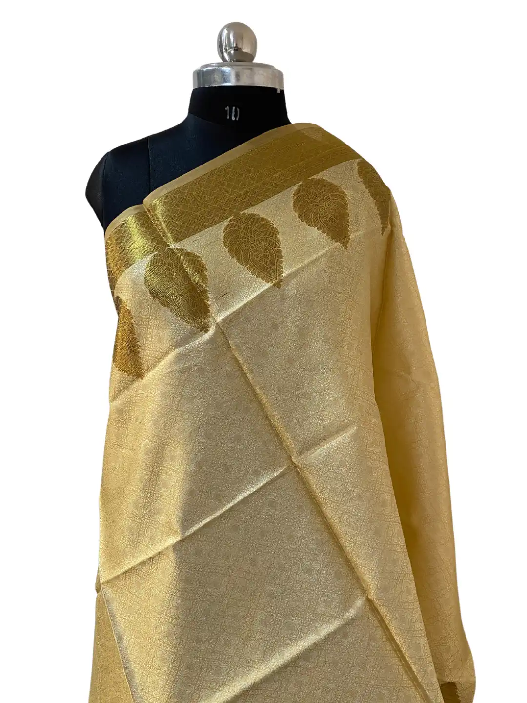 POLLY COTTON BLUE WHITE GOLD WITH GOLDEN LEAVES PRINTED BROCADE DUPATTA-2.45M