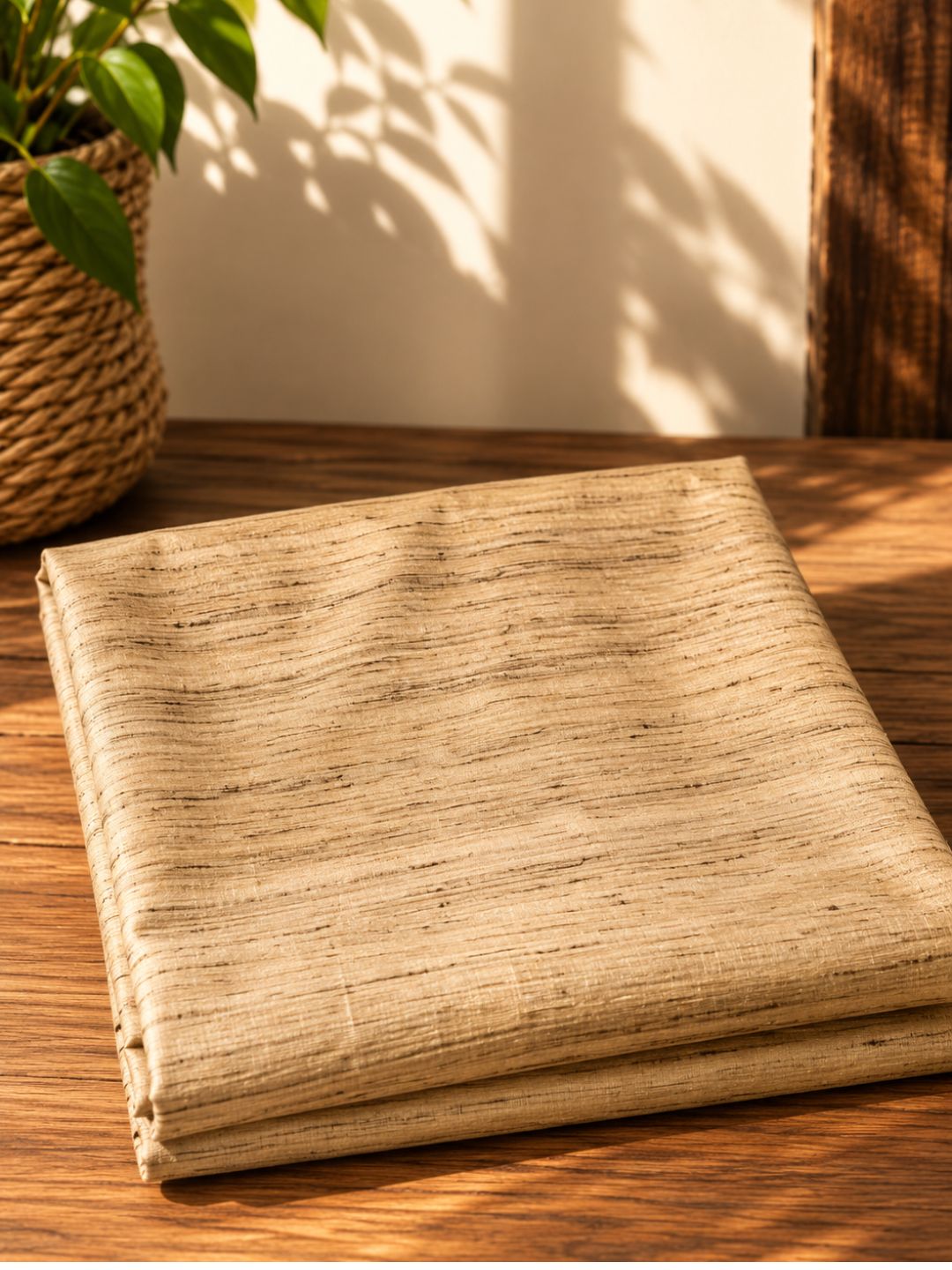 Desi Katiya Silk Handloom Fabric – Natural Beige with Charcoal Slubs (44 Inch Width)