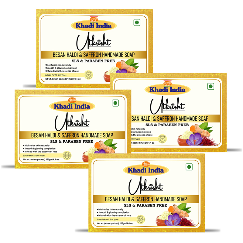 Utkrisht Khadi Handmade Besan Haldi And Saffron Bathing Soap for Glowing Skin 500GM ( 125 gm each )- Pack of 4