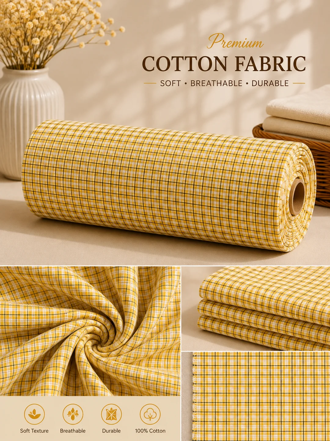 Khadi Cotton Yellow checks Fabric – 44 Inch Width Handloom Fabric