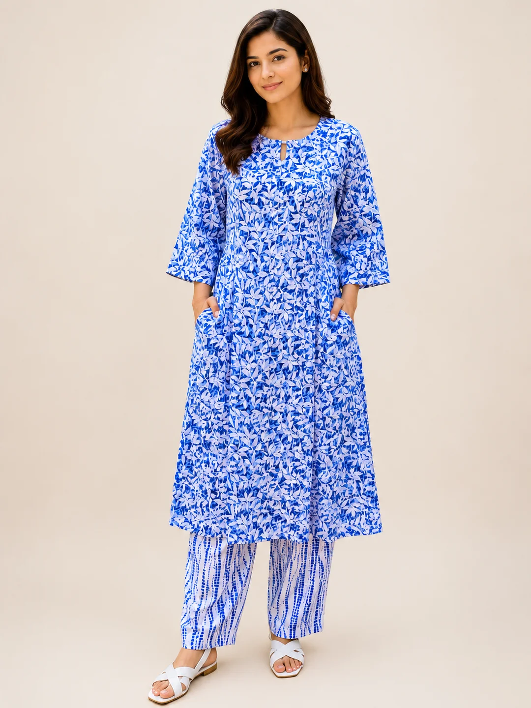 Khadi Cotton Women Printed Kurta with Pants Set - Blue