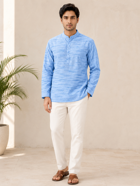 Khadi Cotton Men's Casual Wear Short Kurta - Light Blue