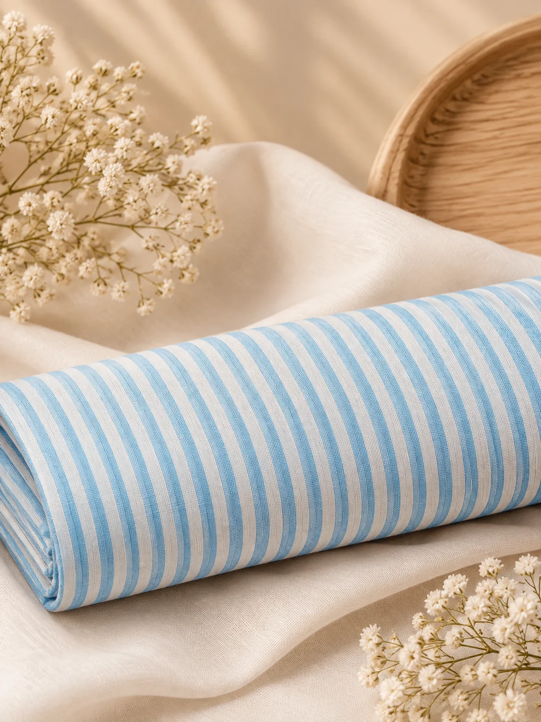 Khadi Cotton Sky Blue White Stripe Fabric – 44 Inch Width Handloom Fabric