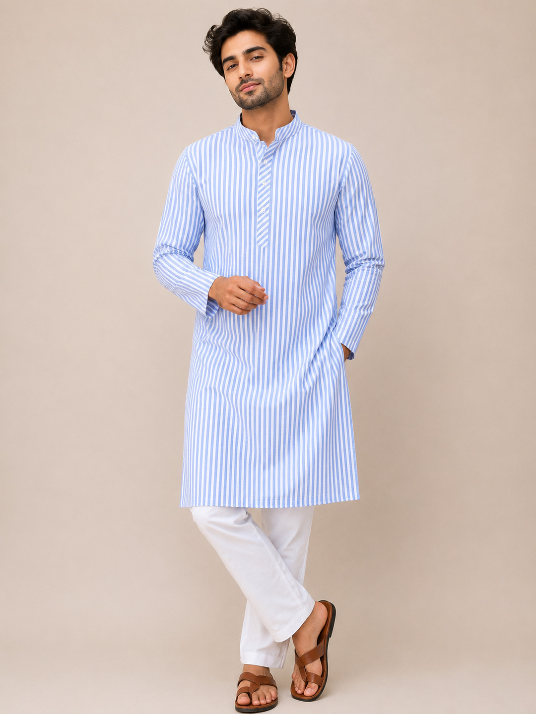 Khadi Cotton Men's Long Kurta & Stripe Pattern - Blue