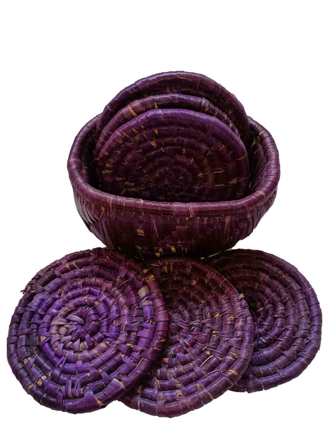 Handcrafted Moonj Tea Coasters Set of 6 Purple - 10 cm X 10 cm X 12 cm