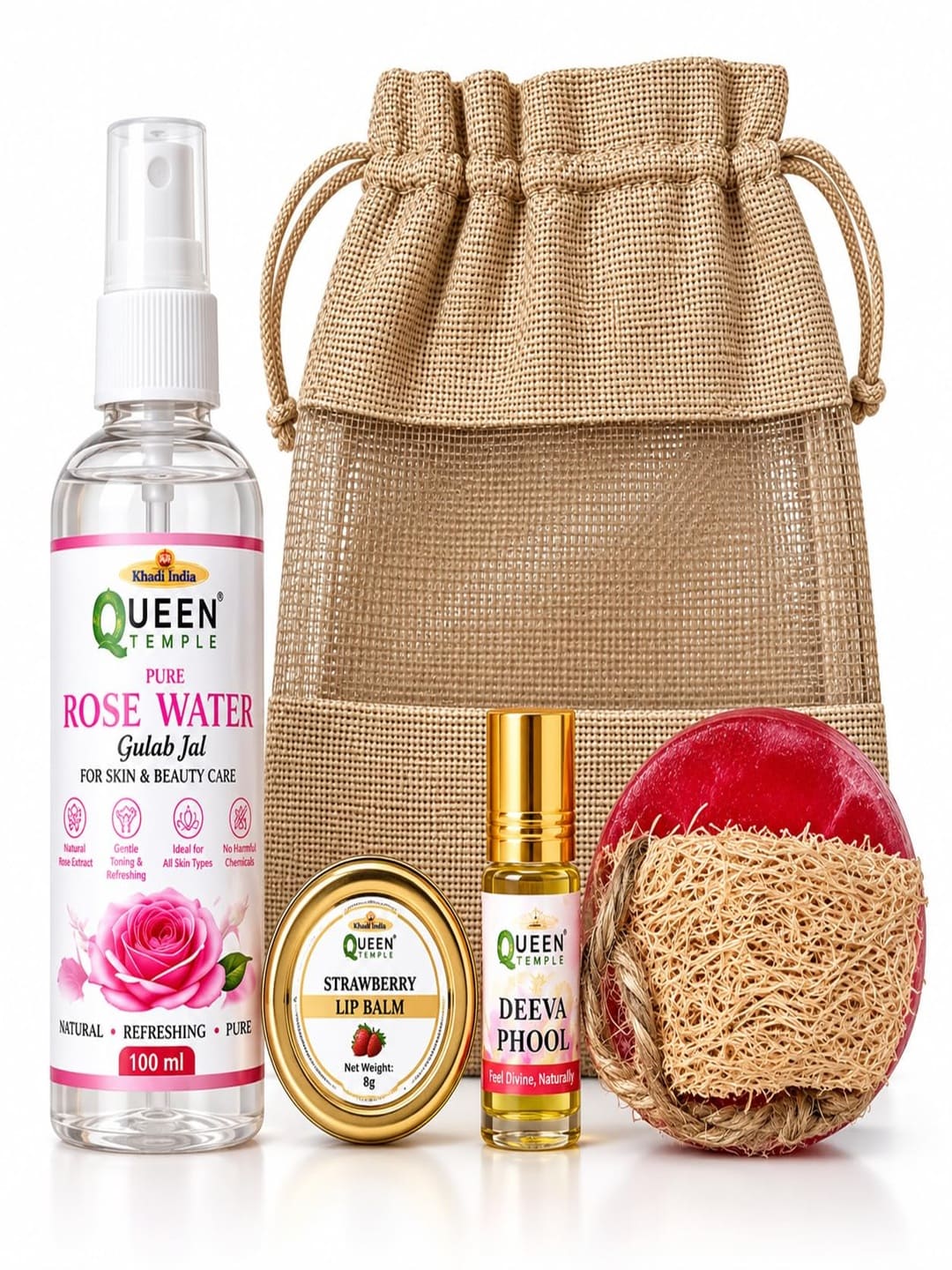 Natural Beauty Gift Set with Rose Water 100 ml, Strawberry Lip Balm 8 g, Deeva Phool Attar Roll-On & Handmade Natural Soap, Skincare & Fragrance Combo with Jute Pouch