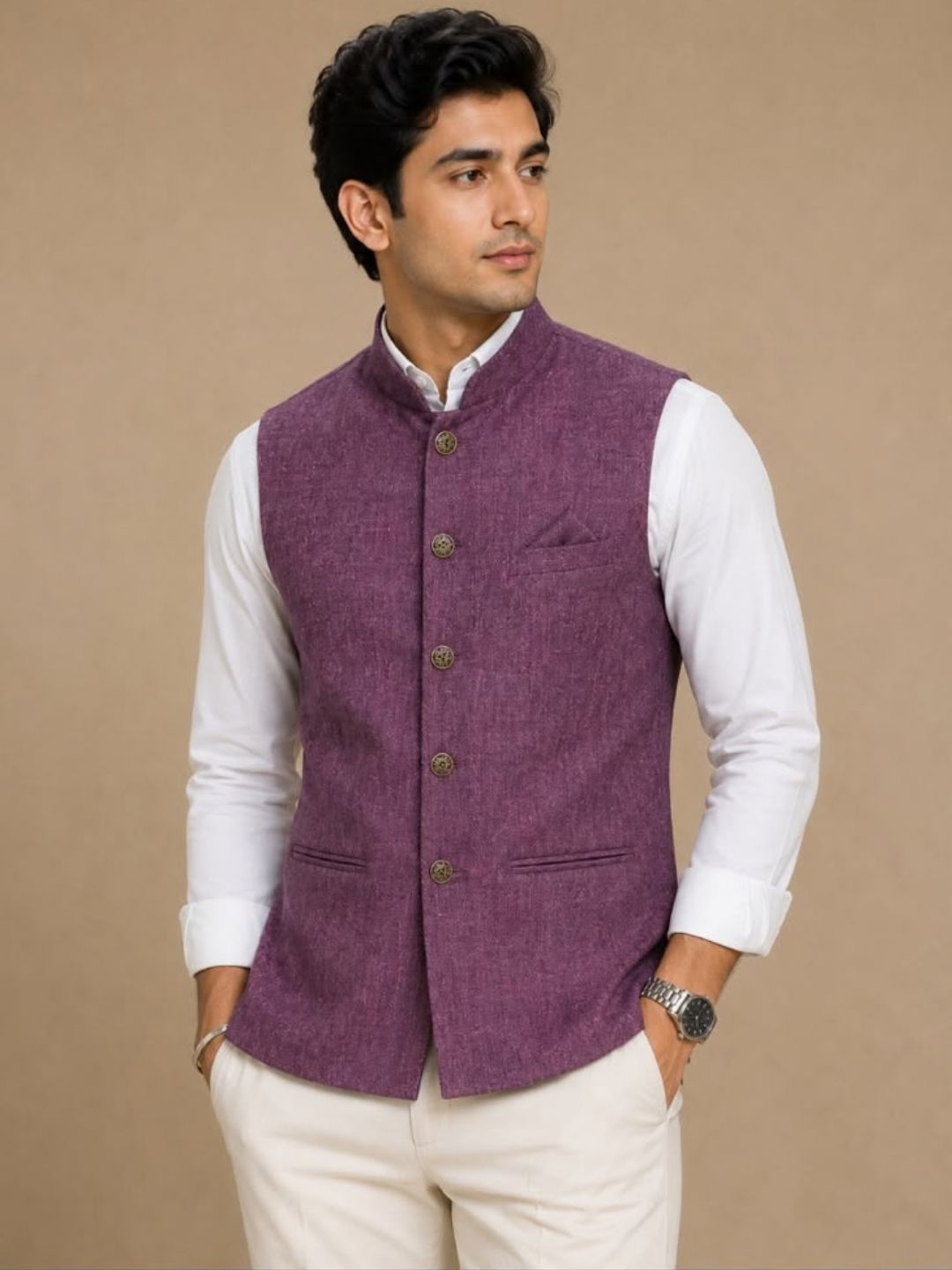 Men’s Cotton Nehru Jacket  Plum Purple
