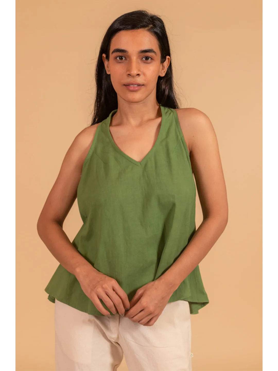 GREEN OUTFIT V NECK INCUT SLEEVES TOP WITH ELASTICATED SIDE