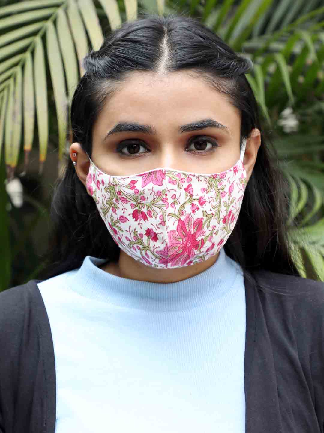 Khadi Cotton Masks White with Floral Prints - Set of 2