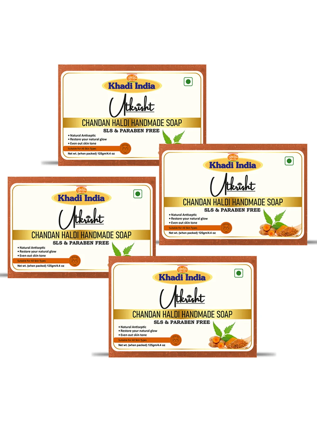 Utkrisht Khadi Handmade Chandan Haldi Bathing Soap For Anti-Aging and Glowing Skin (500GM)- Pack of 4