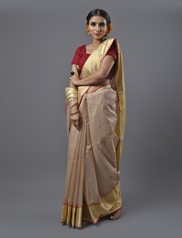 Beige Chanderi Saree with Gold Border and Red Highlights