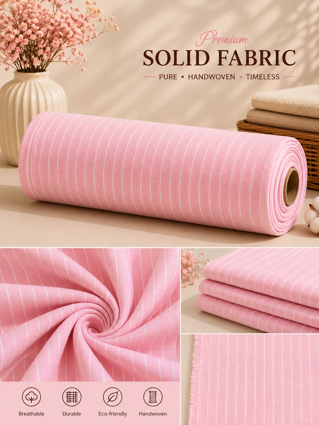 Khadi Cotton Pink Striped Fabric – 44 Inch Width Handloom Fabric