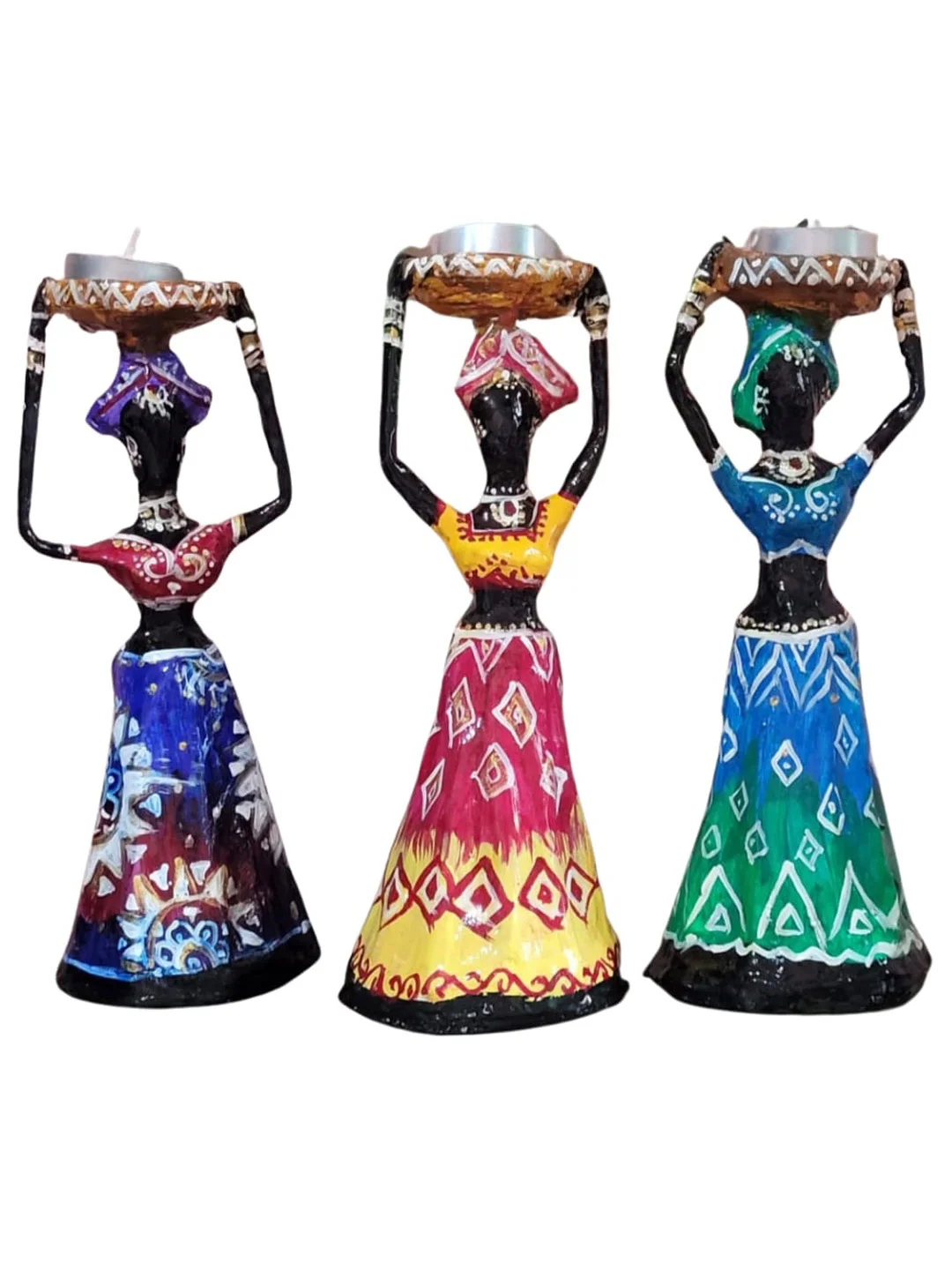 Handcrafted & Handpainted Paper Clay-African Doll Candle holder packof 3