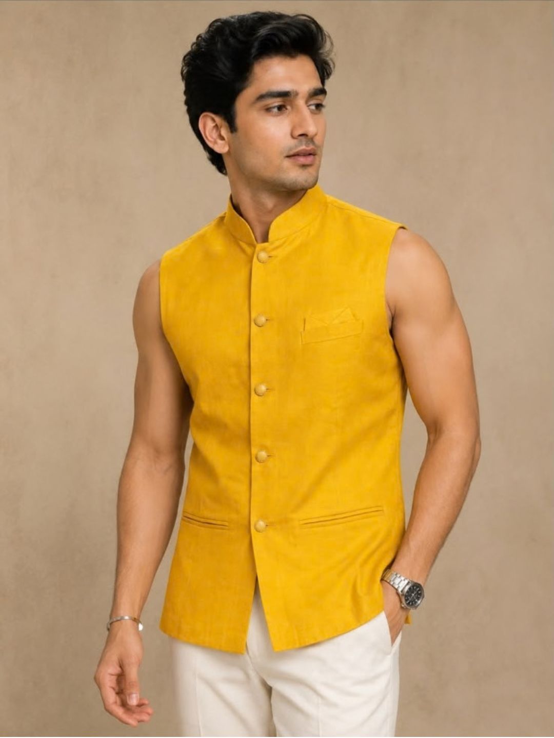 Men’s Cotton Nehru Jacket  Mustard Yellow