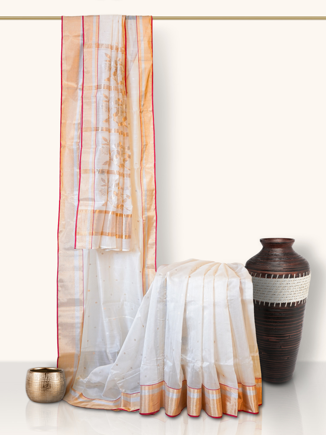 The Gold Weave Chanderi Silk Sarees with Golf Flower Print and Golden Border