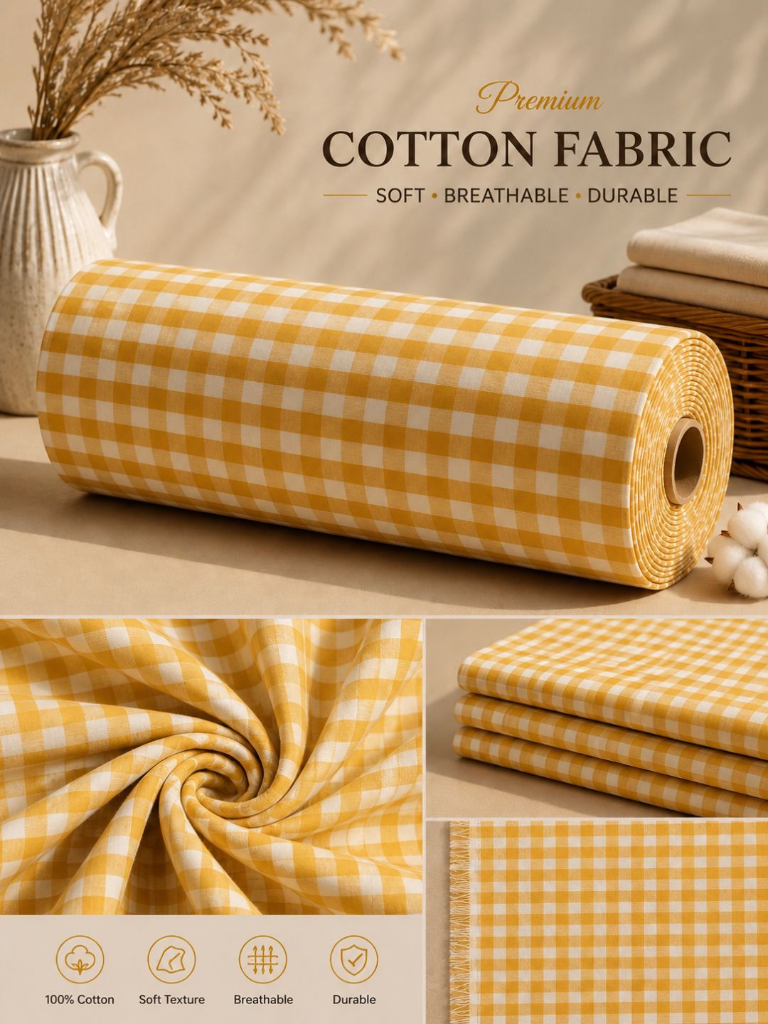 Khadi Cotton Mustard Yellow Checked Fabric – 44 Inch Width Handloom Fabric