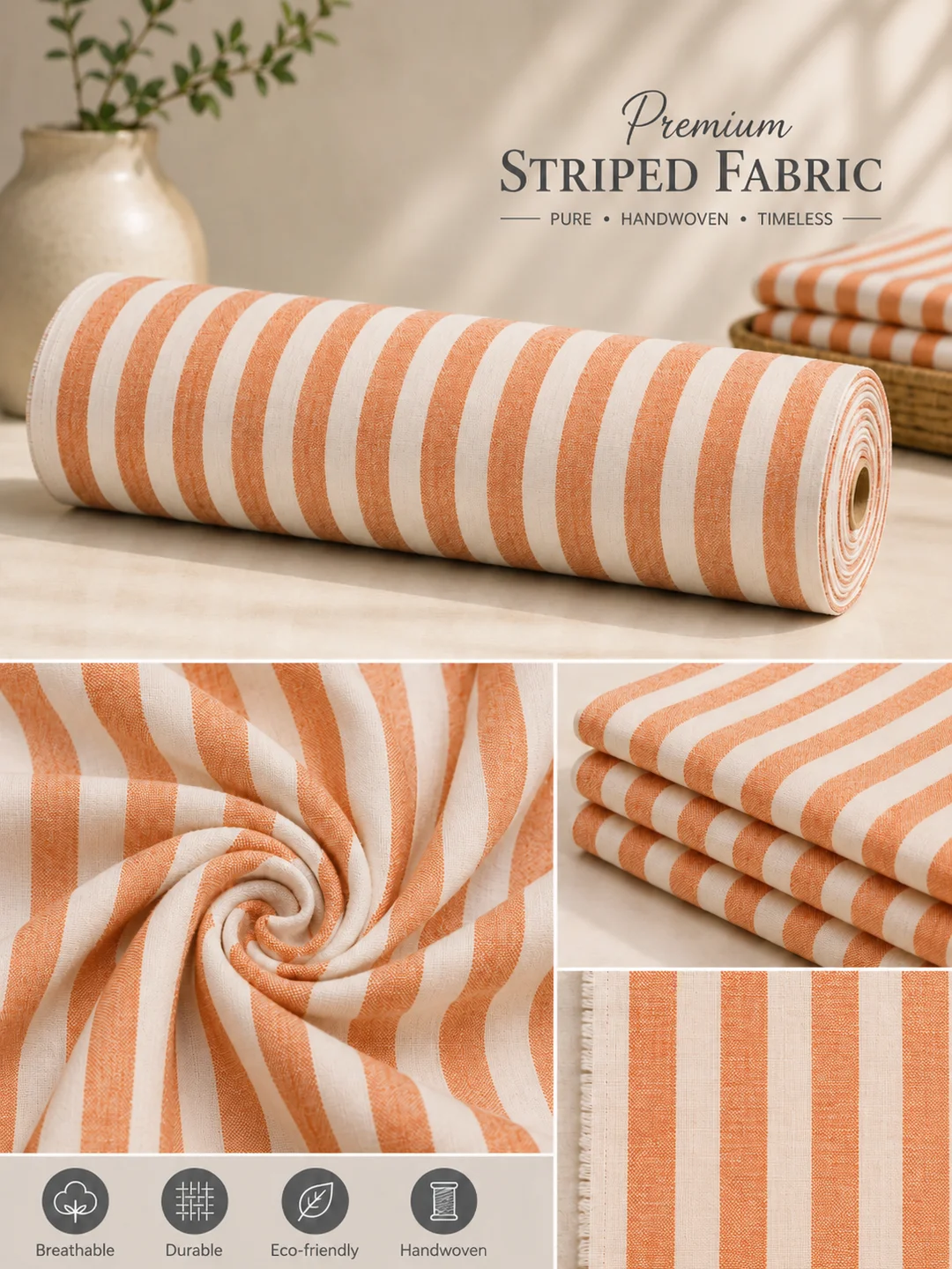 Khadi Cotton Orange Striped Fabric – 44 Inch Width Handloom Fabric