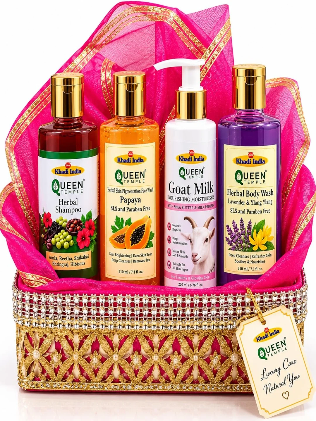 Luxury Skin & Hair Care Gift Set with Herbal Shampoo 100ml , Papaya Face Wash 210ml, Goat Milk Moisturiser 100ml & Keratin Shampoo 100ml Premium Gift Basket