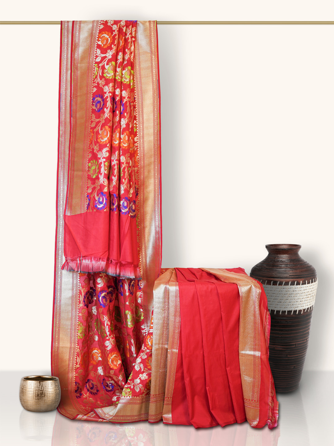 The Gold Weave Printed Banarasi Silk Sarees - Red Colour with Golden Borders