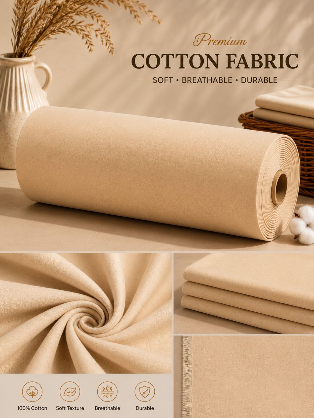 Khadi Cotton Natural Beige Fabric – 44 Inch Width Handloom Fabric
