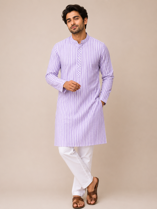 Khadi Cotton Men's Long Kurta & Stripe Pattern - Purple