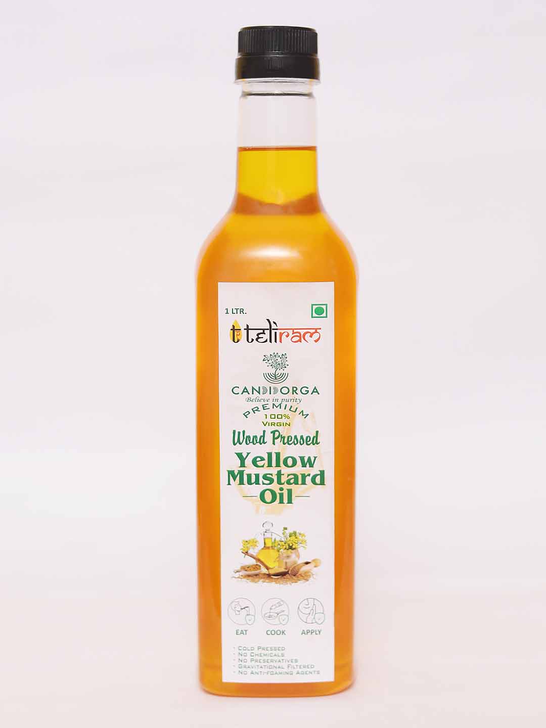 CandidOrga Coldpressed (Woodpressed) Edible Yellow Mustard Oil 100% Virgin - 1 ltr