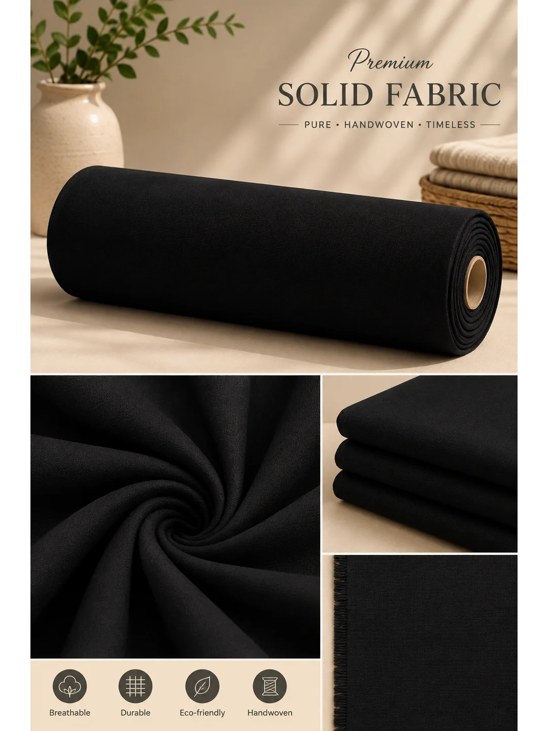 Khadi Cotton Classic Jet Black Fabric – 44 Inch Width Handloom Fabric