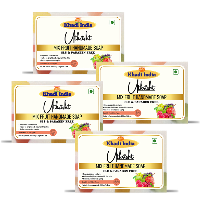 Utkrisht Khadi Handmade Mix Fruit Bathing Soap for Glowing Skin with Fresh Fruit 500GM ( 125 gm each )- Pack of 4
